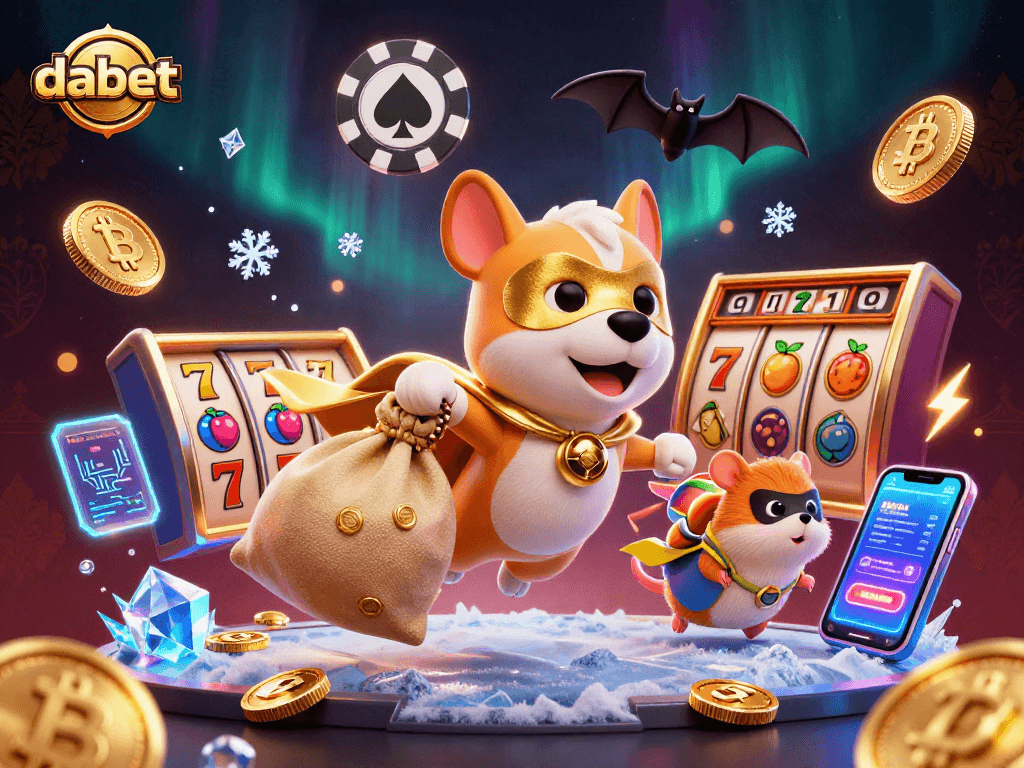 dabet tối ưu hóa hình ảnh với chú chó siêu anh hùng và đồng hành, cùng biểu tượng poker chip.