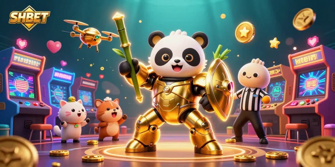 Engage with SHBET's exciting 3D casino illustration showcasing a golden panda in action.