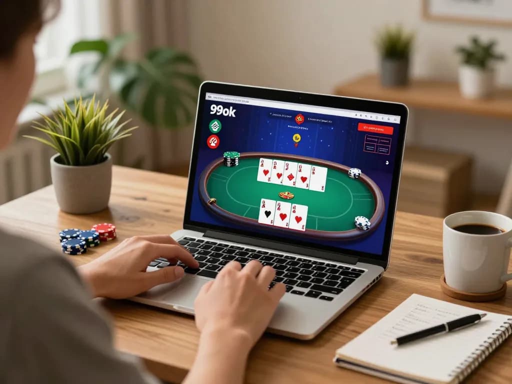 Engaging in online gambling on 99ok with poker game interface at home, highlighting user experience