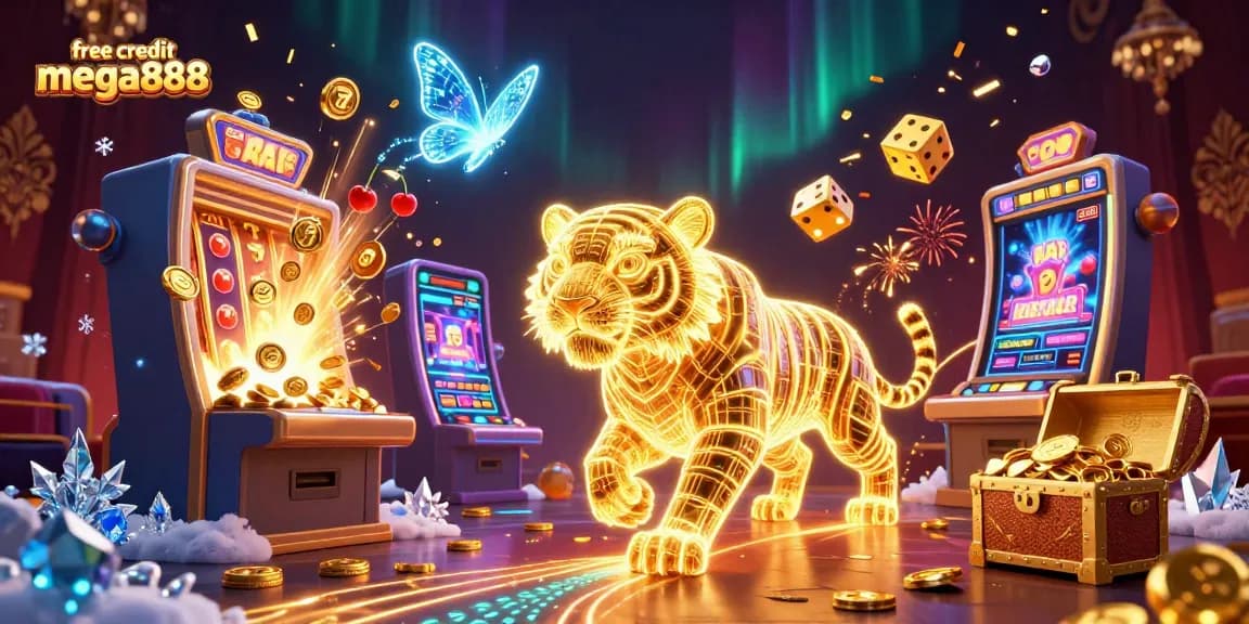 Experience the excitement of free credit mega888 with a dazzling digital casino scene featuring captivating characters and game elements.