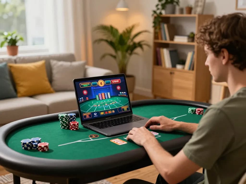 Player enjoying a ku win moment at home playing poker online with strategic focus and comfortable ambiance