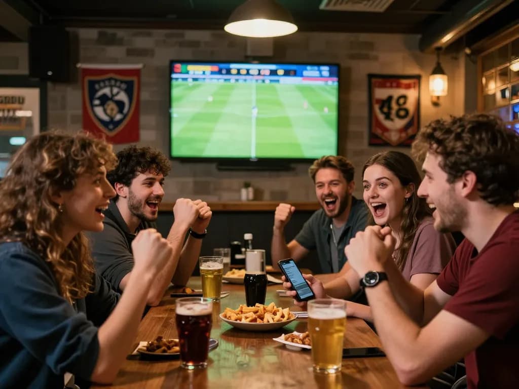 Exciting kèo nhà cái hôm nay in a lively sports betting pub with friends