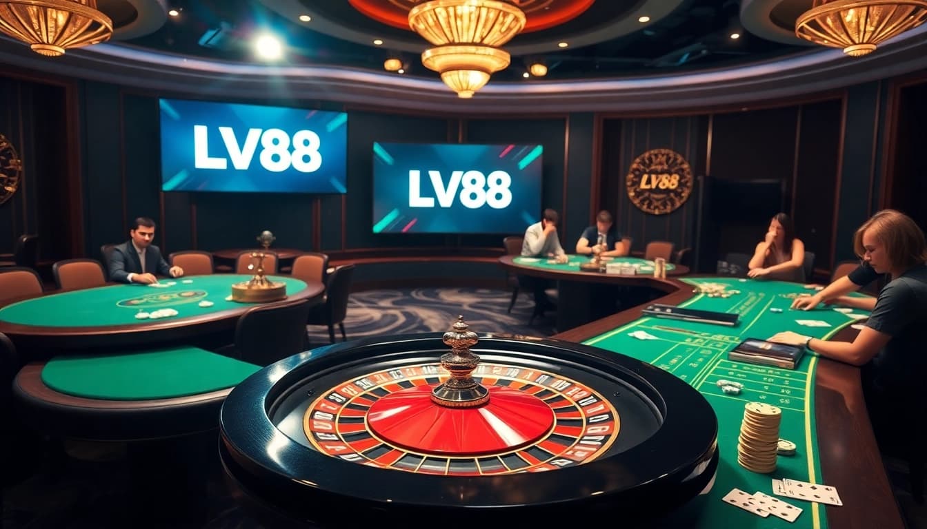 Experience high-stakes gaming with LV88, where vibrant casino tables and roulette wheels create an enticing atmosphere.