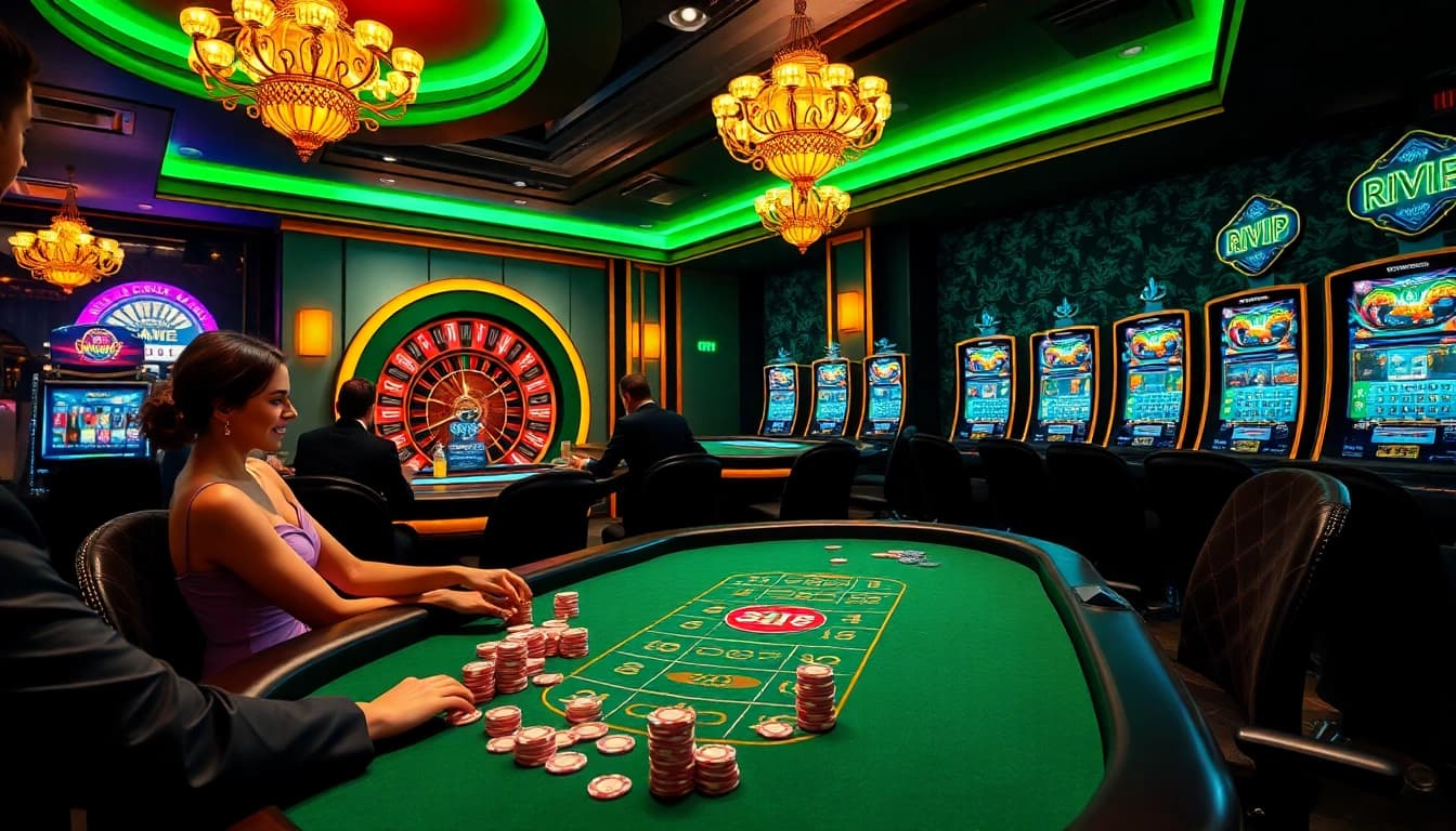 Excited players experiencing high-stakes poker at Rikvip casino, enjoying vibrant gameplay and luxury.