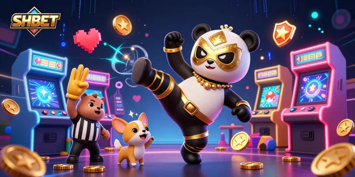 Experience the excitement of SHBET with dynamic characters in a vibrant casino-themed 3D illustration.