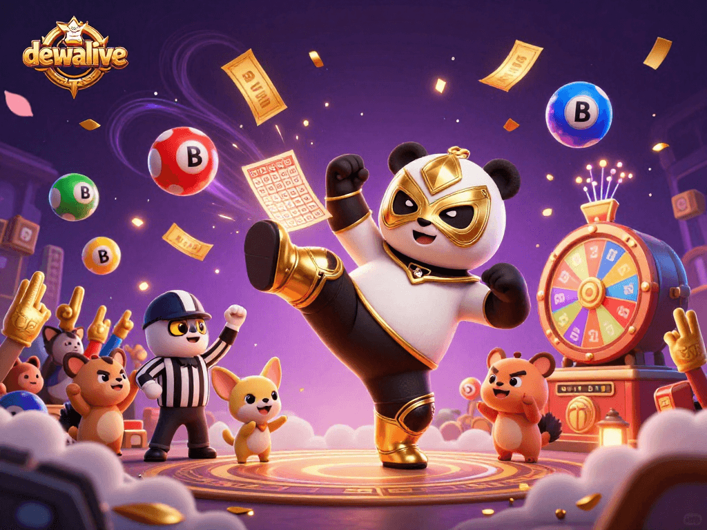 Mengalami keseruan di dewalive dengan panda di masker arena melawan, sambil menampilkan bola lotere yang berwarna.