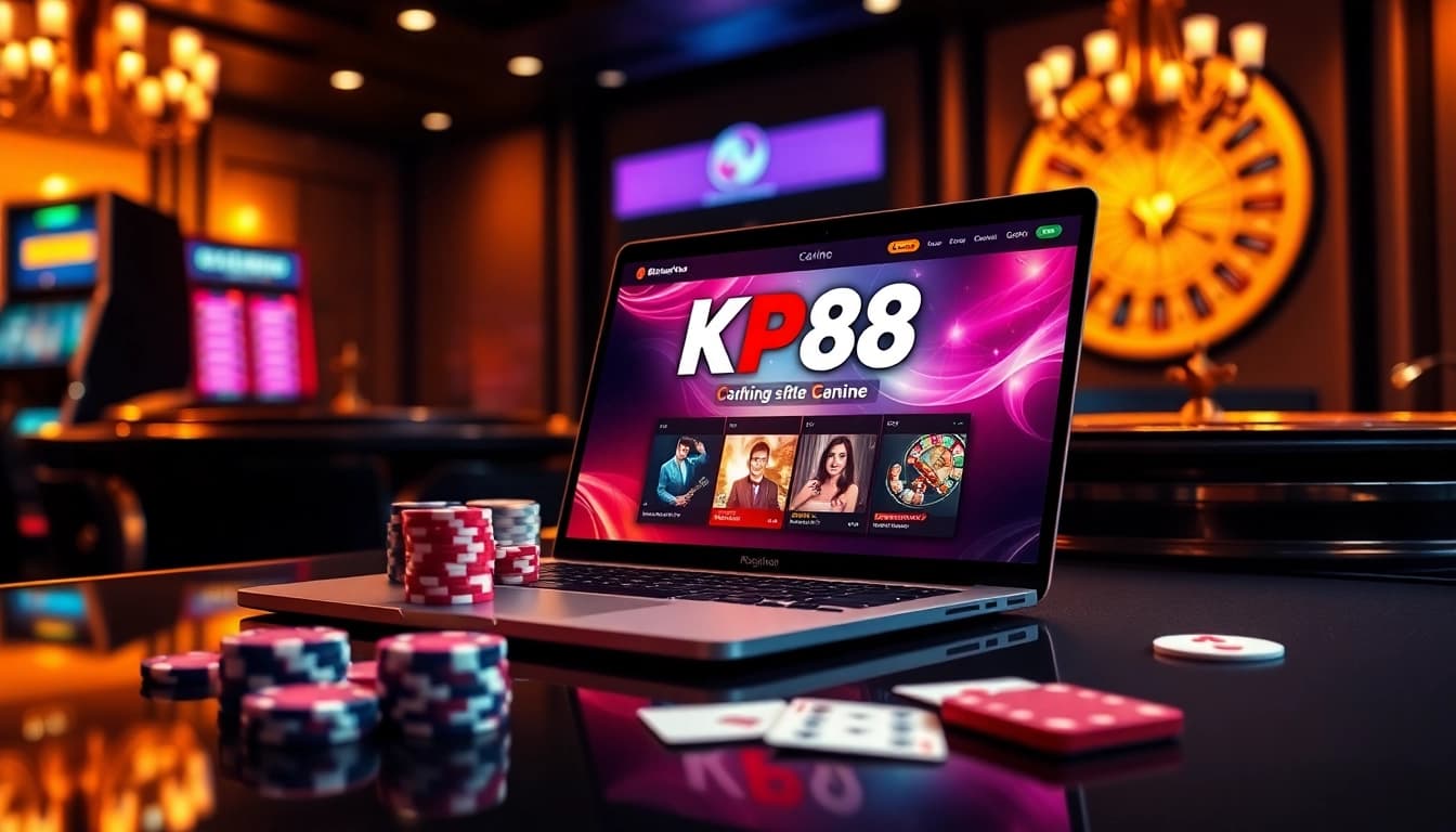 Gamblers engaging on KP88 with poker chips and cards in a vibrant casino atmosphere.