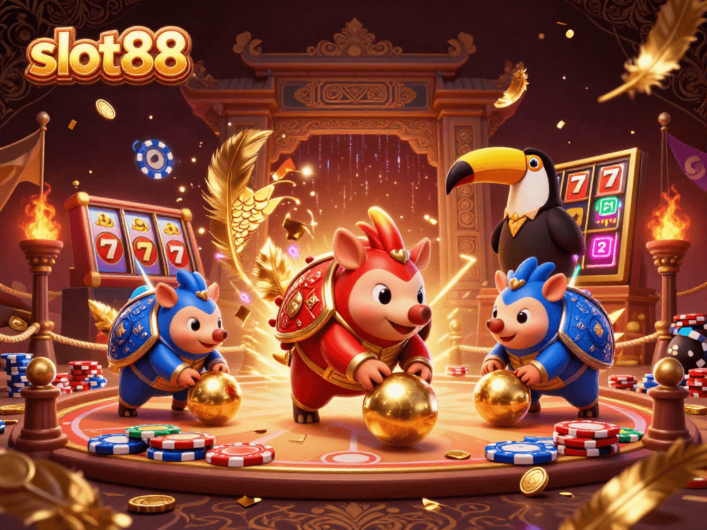 Engage in thrilling gameplay with slot88 as colorful pangolins roll golden balls amid poker chips.