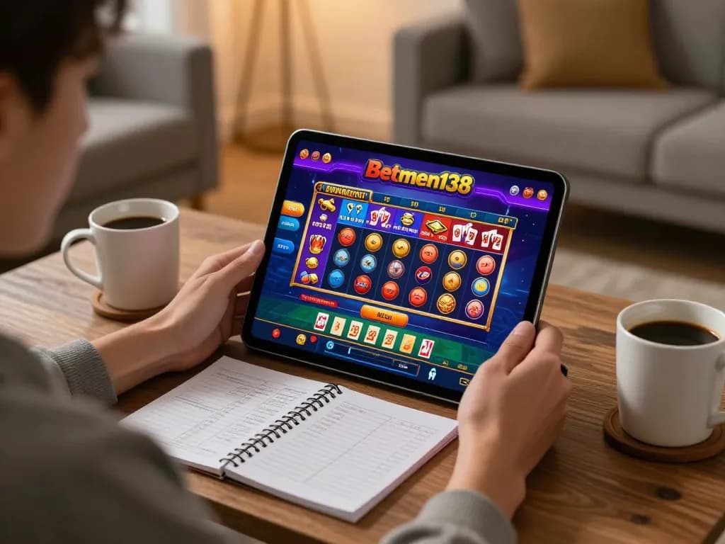 Betmen138 player engaged with online casino gameplay on tablet in cozy living room.