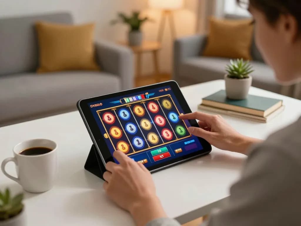 nk88mvp player enjoying thrilling slot game on tablet in cozy home setup fostering responsible gaming.