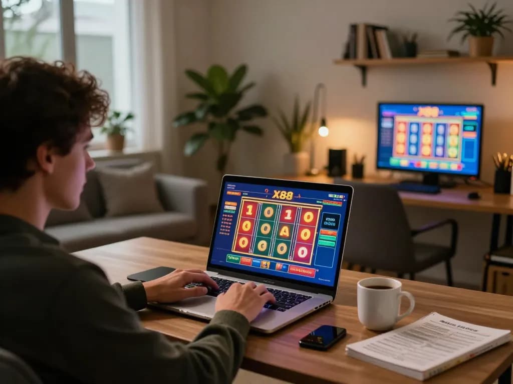 X88 player engaging with colorful online slots in cozy home office