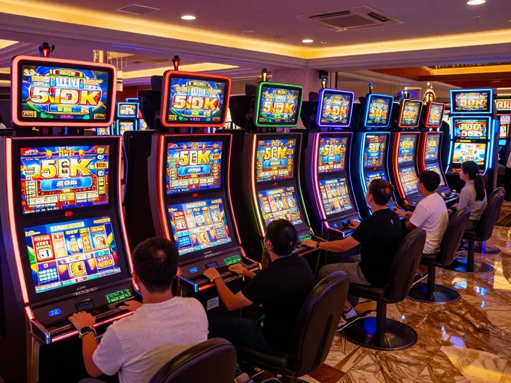 Engaged players spinning slot 5k machines with vibrant displays in a busy casino.