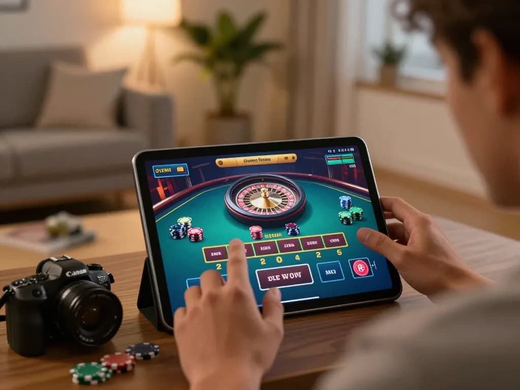 Engaged player enjoying lode88 live casino gameplay on a tablet in a cozy living room.