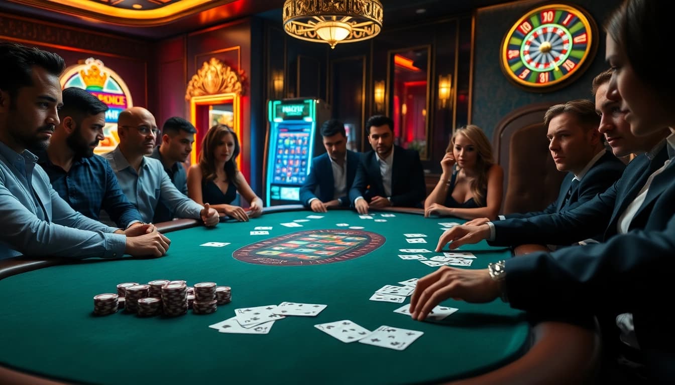 Engaged players at a GO8-themed poker table, showcasing high-stakes gameplay in a luxurious casino.