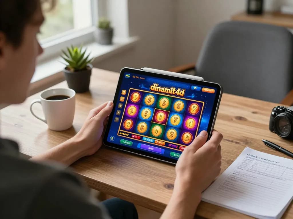 Player engaging with dinamit4d platform on a tablet, showcasing online gaming excitement.