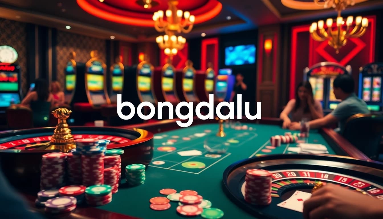 Bongdalu gaming scene showcasing poker chips and cards on a dazzling casino table.