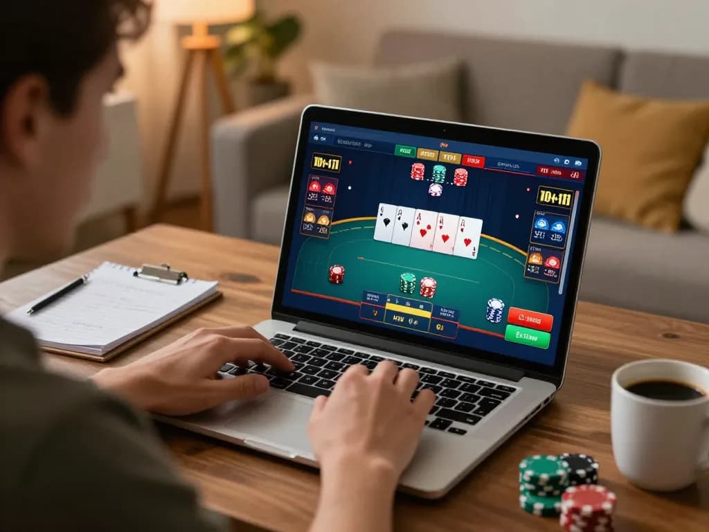 Player engaging in poker on 88xx online platform using laptop, showcasing comfortable home gaming atmosphere.