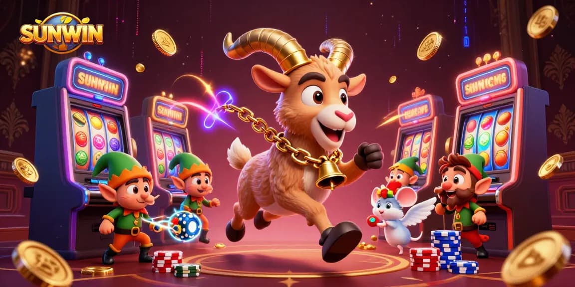 SUNWIN casino features playful Krampus, angel mouse, and naughty elves amidst a vibrant slot machine scene.