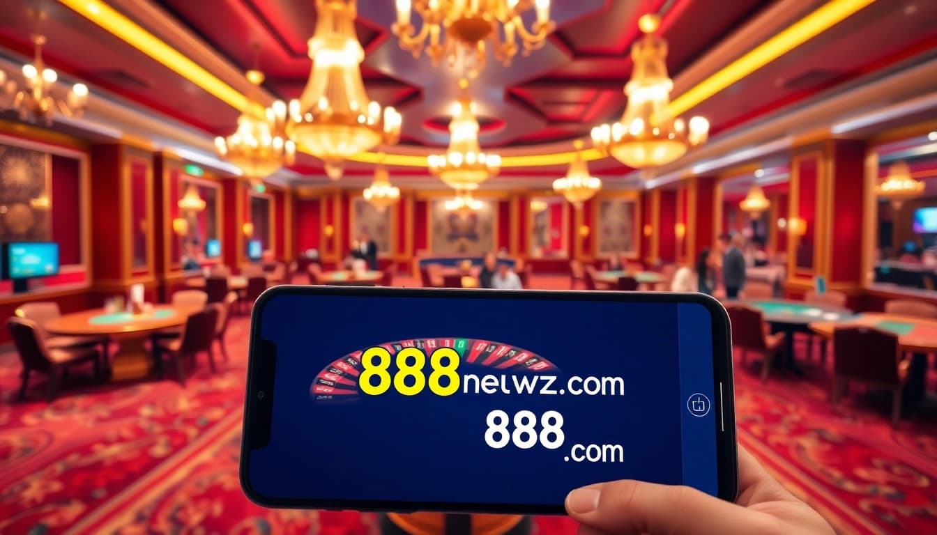 An engaging scene of gamblers at tables in a luxurious casino, representing 888newz.com excitement.
