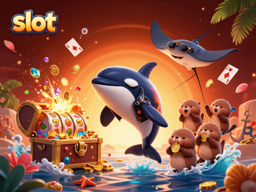 Experience thrilling slot excitement with an orca, stingray, and otters in an underwater treasure scene.