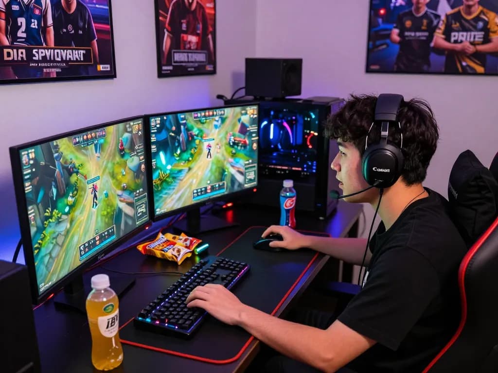 Exciting gaming setup with nk 88 themed decor, showcasing an engaged gamer in dynamic action.