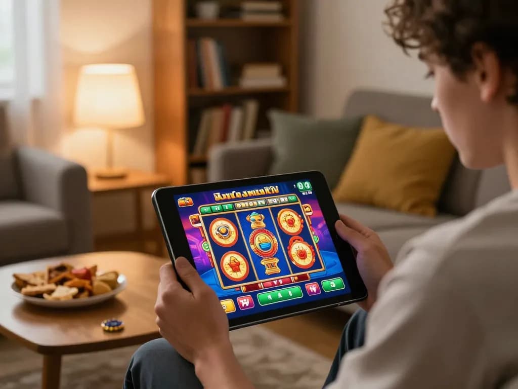 Experience thrilling online slots at 78win in a cozy home setup with engaging gaming atmosphere.