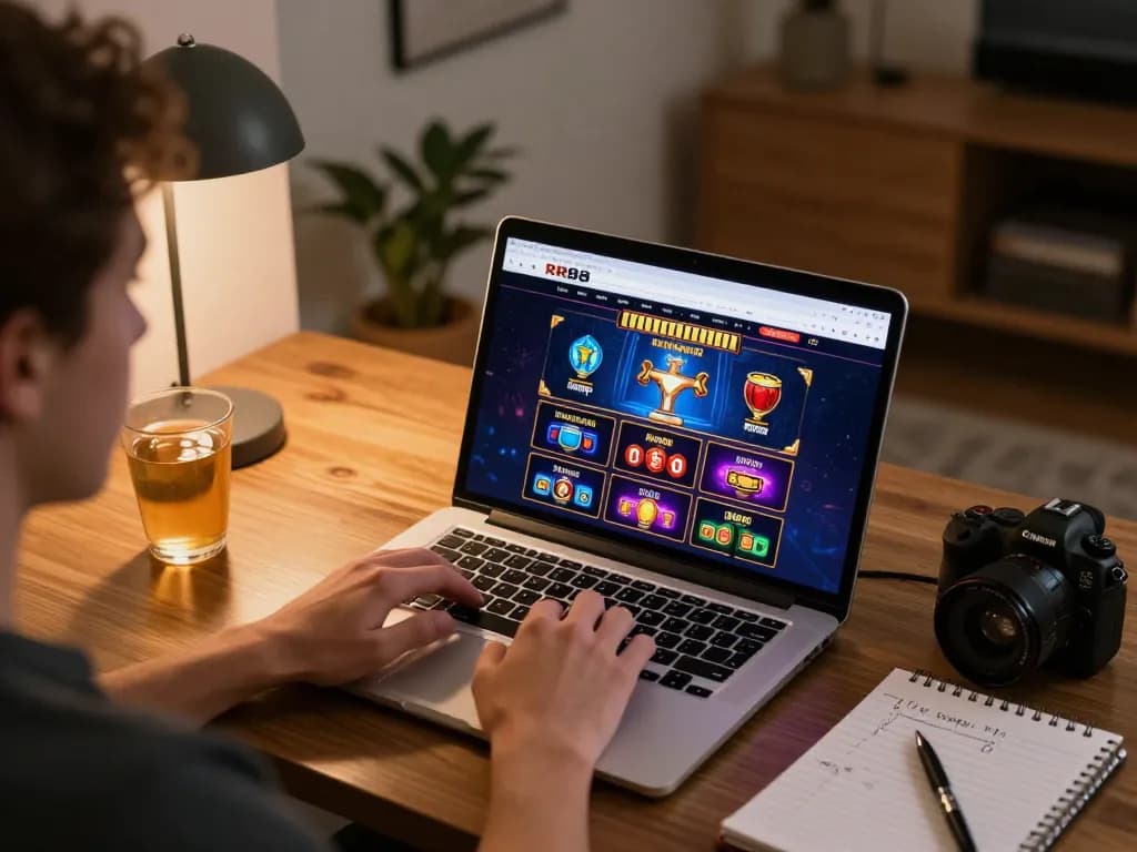 Engaging with RR88 online casino games on a laptop during a cozy home gaming session