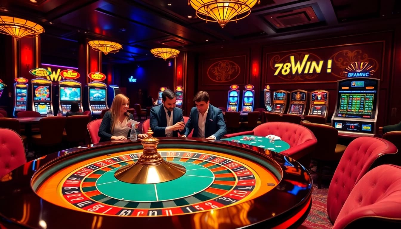 78WIN features a luxurious casino scene with excited players at a roulette table and engaging online interface.