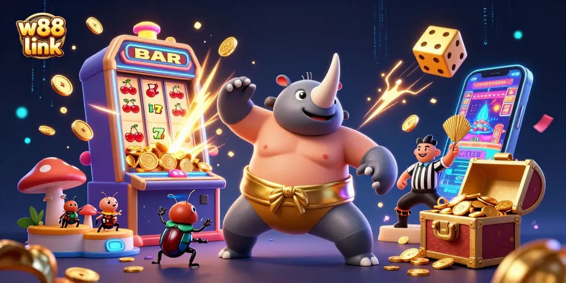 Engage with the dynamic w88 link scene featuring a sumo champion beetle surrounded by casino action.
