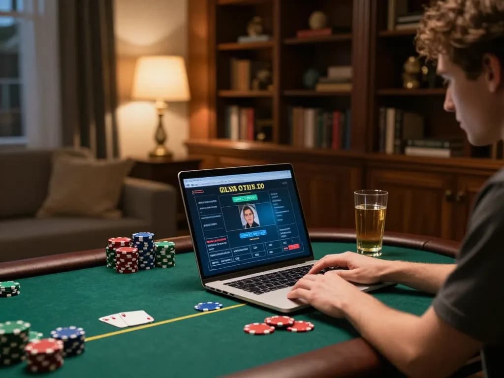 KDTOTO player strategizing during an online poker game at home, showcasing an engaging gaming atmosphere