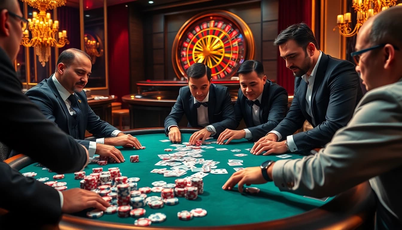 Engaging players at KJC's luxurious casino poker table, showcasing excitement and strategy.
