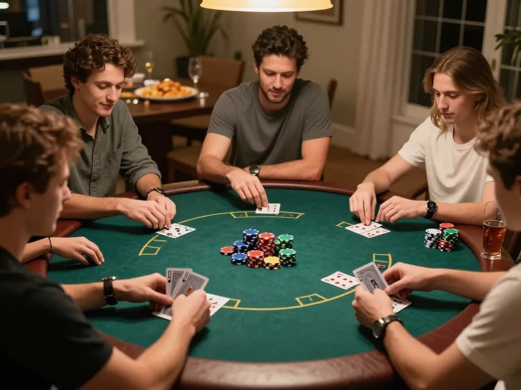 Qh88 trang chủ features friends enjoying an exciting poker night at home, engaged in friendly competition.