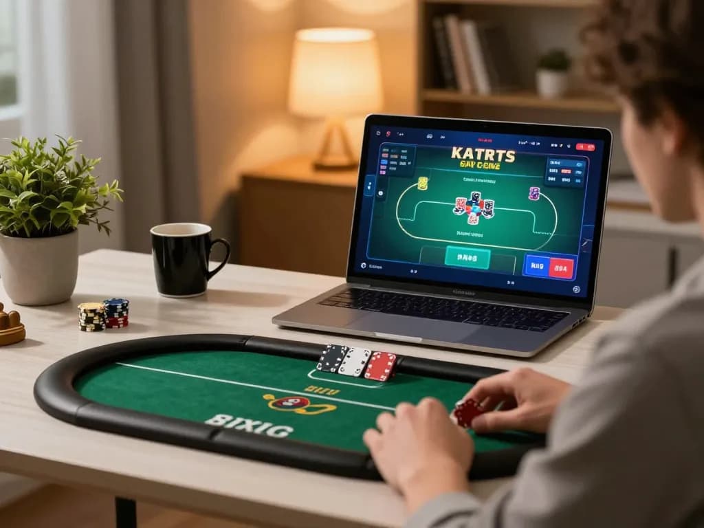 Engage in online gaming at https://webnk88.net/ with a stylish tablet setup, showcasing poker gameplay.
