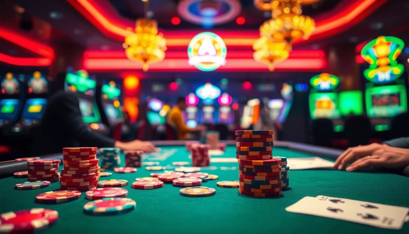 Permainan poker online di meja kasino yang menampilkan suasana kompetitif yang menegangkan.
