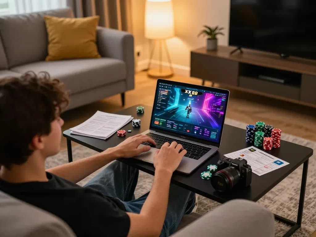 Engaging with XX 88's online gaming on a laptop in a cozy home setup, emphasizing strategic play.
