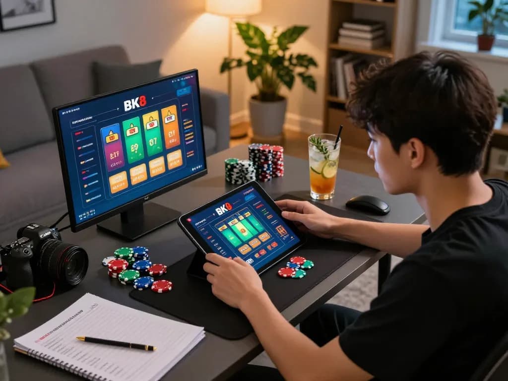 Player engaged in BK8 online casino gaming using a tablet at home, showcasing vibrant gaming atmosphere.