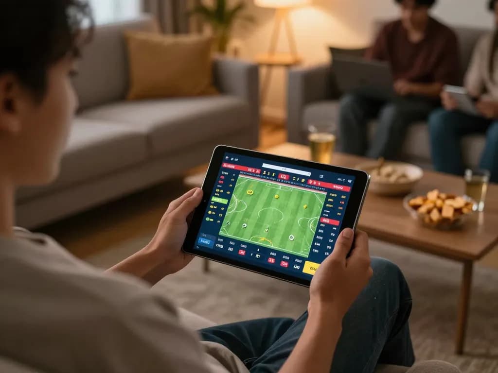 Engaged user placing bets on Yowes JP sports betting app in a cozy home setting.