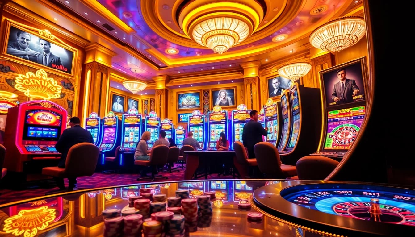 Players enjoying 'slot gacor' at an upscale casino, with vibrant lights and exciting ambiance.