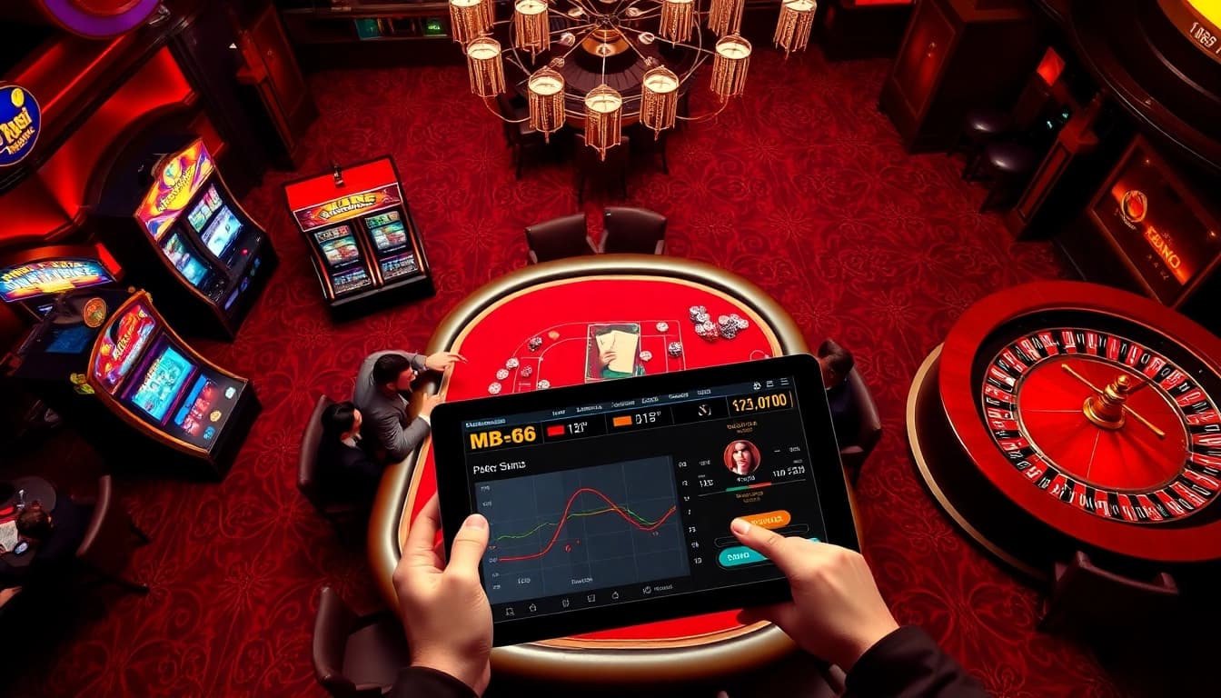 High-stakes poker action at MB66 casino with luxurious tables and lively atmosphere.