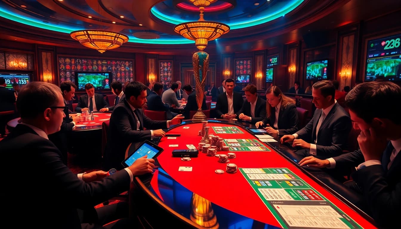 Situs Judi Bola Terbesar Di Dunia shows excited bettors in a luxurious setting, placing bets on the 2026 FIFA World Cup.