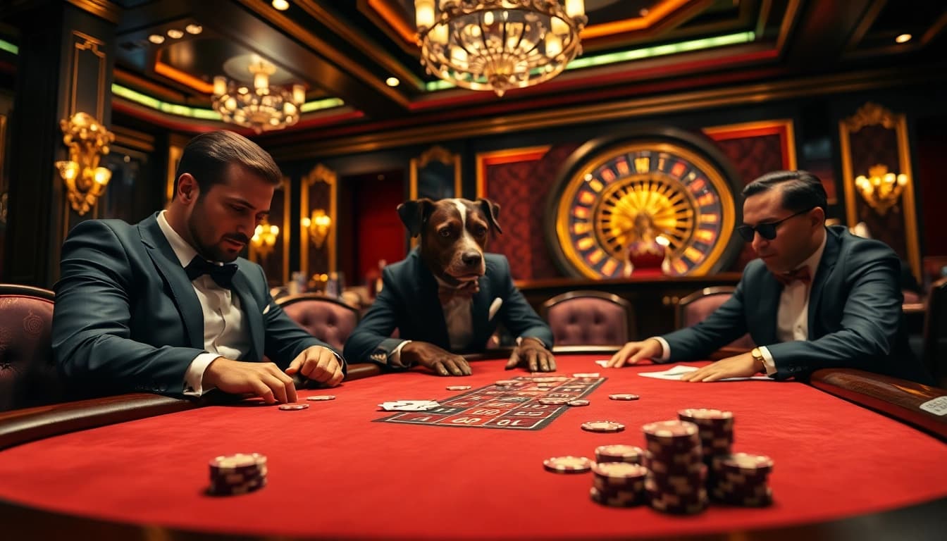 K9 K9 players engaging in poker game with vibrant chips and cards.