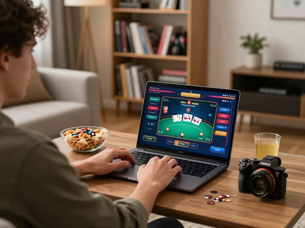 Play poker online with cm88 in a cozy home setup featuring a laptop and snacks.