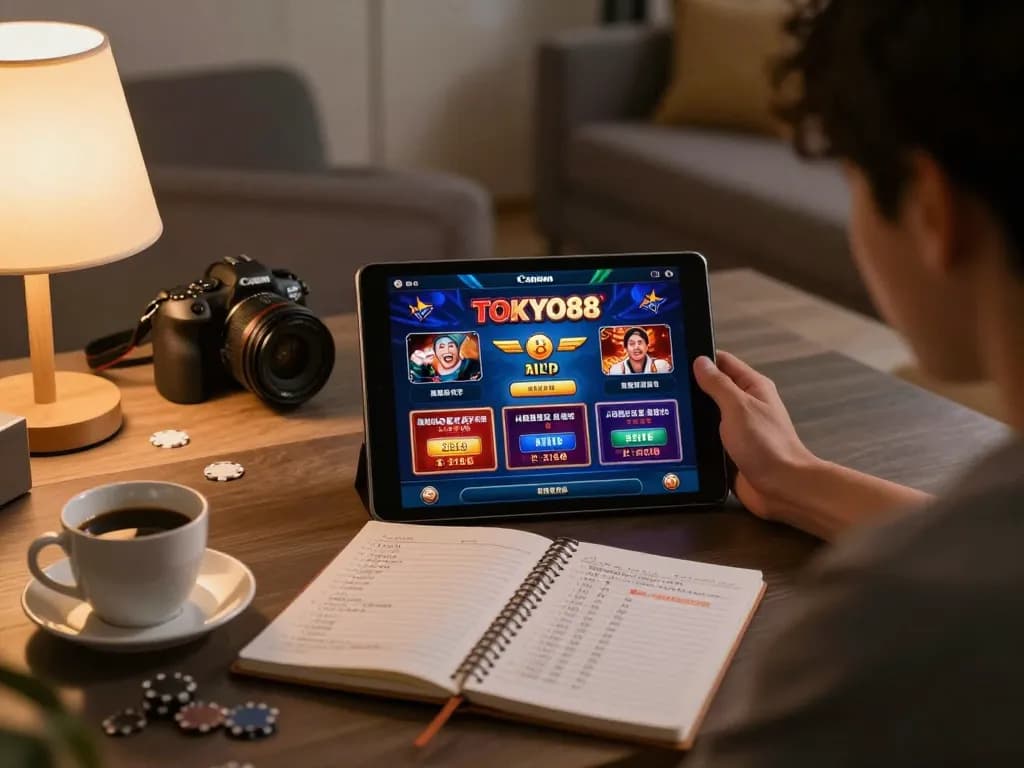 Pemain TOKYO88 terlibat dalam permainan online dengan tablet, menampilkan catatan strategi bankroll dan suasana yang nyaman.