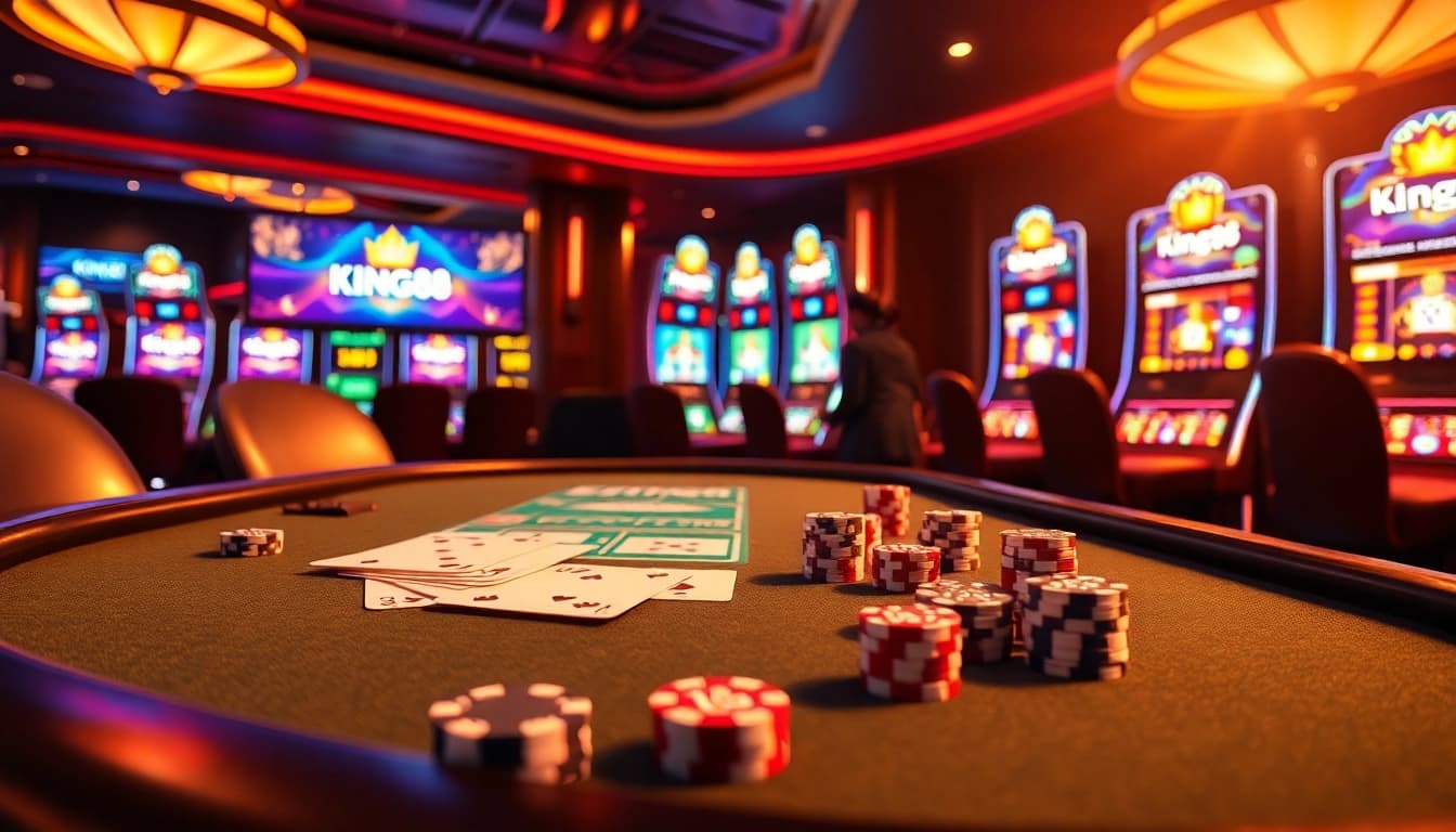 Engage in thrilling gaming action with King88 at a luxurious casino table setup.