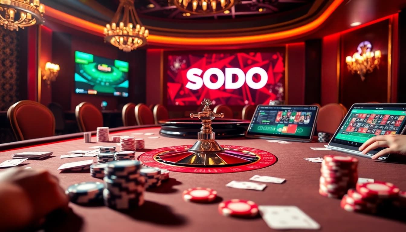 SODO casino scene featuring vibrant poker chips and roulette wheel, capturing excitement of gambling.