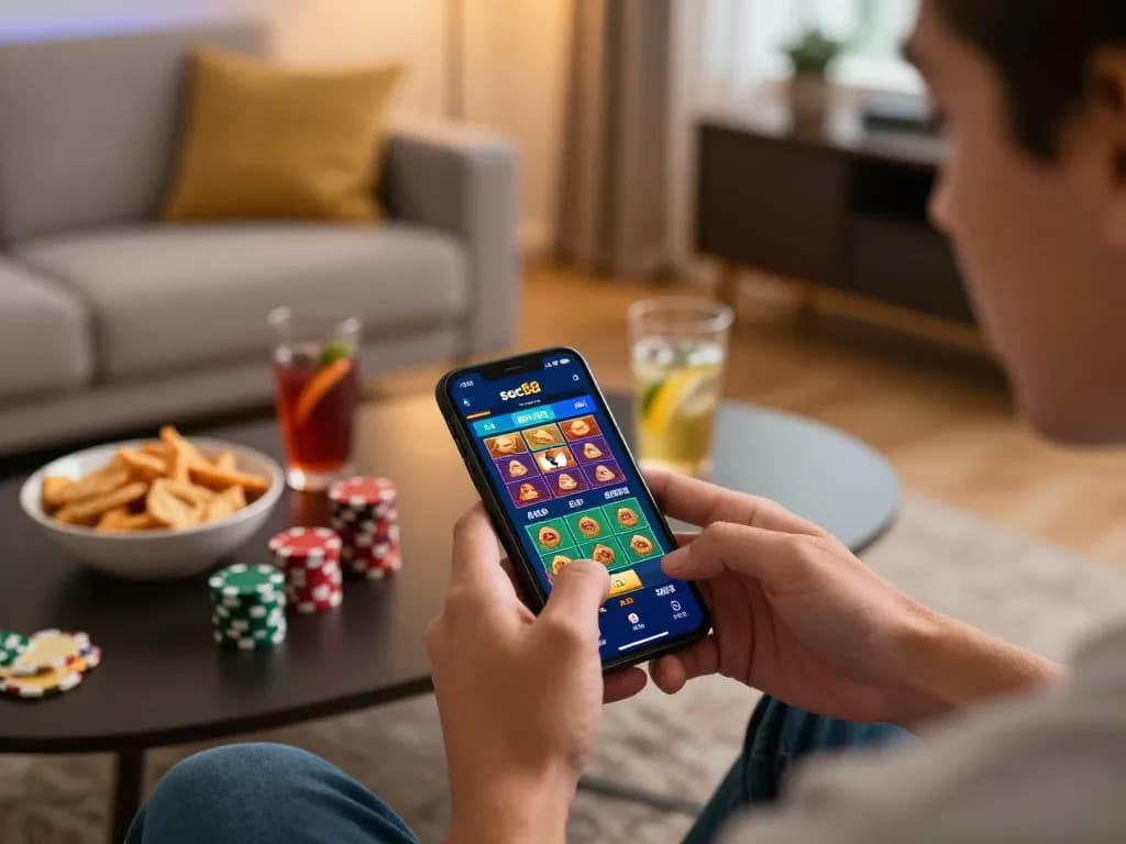 Engaging mobile gaming scene illustrating soc88 casino app in a cozy home environment with personalized ambiance.