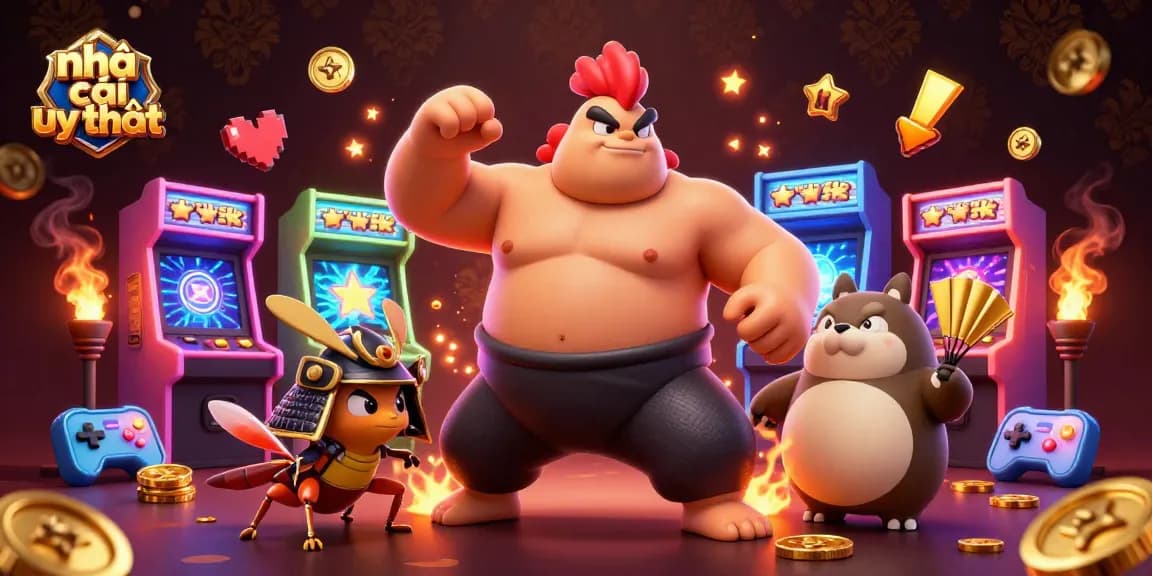 Engaging illustration of nhà cái uy tín featuring a powerful sumo rooster, a fierce cricket, and a tanuki announcer.