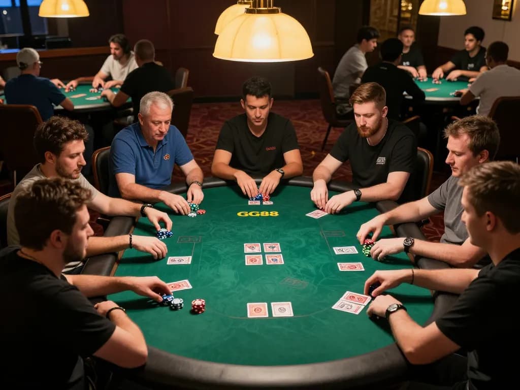 Join players at GG88 live poker table, experiencing strategic gameplay and excitement in a vibrant casino setting.