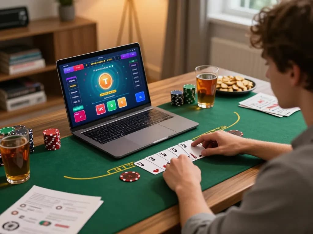Player strategizing in an online casino setup while engaged with blackjack game on laptop, linuxmag-france featured context.