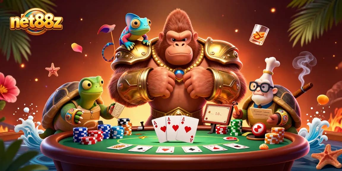 Bet high with net88z while a gorilla king and friends play poker.